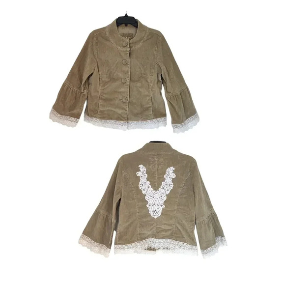 Corduroy Tan Blazer Jacket Size M Long Bell Sleeve Crochet Details Button Boho - Picture 1 of 7